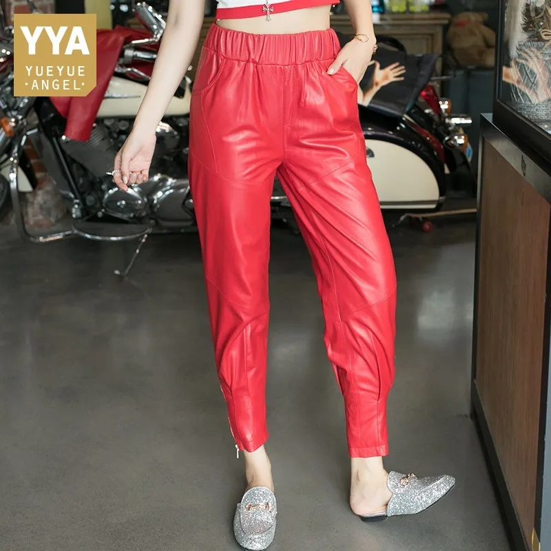 Elastische Taille Slanke Koreaanse Herfst Winter Womens Harembroek Echt Leer Straat Schapenvacht Vrouwelijke Enkellange Broek Plus Size Elastische Taille Slanke Koreaanse Herfst Winter Womens Harembroek Echt Leer Straat Schapenvacht Vrouwelijke Enkellange Broek Plus Size