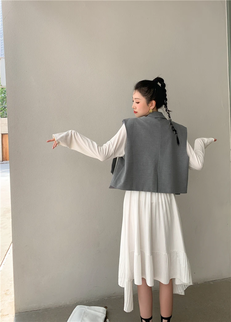CHEERART Designer 2021 Fashion Women Gilet Grey Vest Bow Sleeveless Blazer Coat Loose Crop Jacket Single Button Waist Coat
