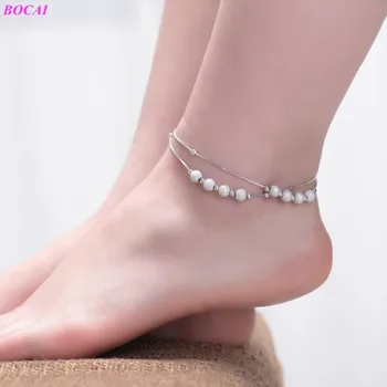 

BOCAI S925 Sterling Silver Anklet simple round bead frosted chain girl 2020 new fashion fresh 925 pure silver foot accessories