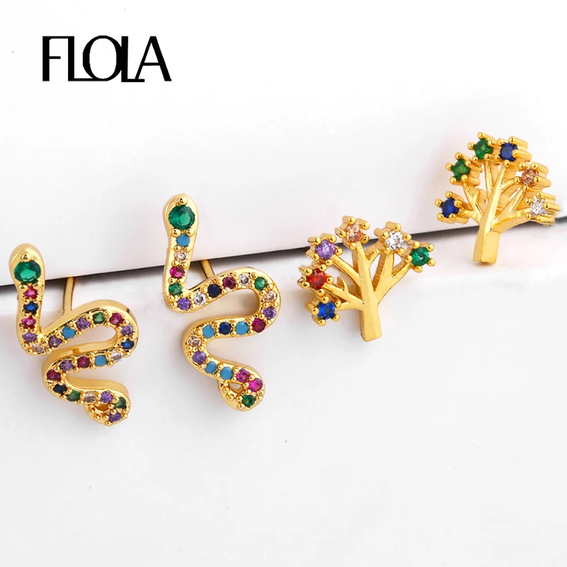 FLOLA 24k Золотая серьга со змеями Радуга Кубический Цирконий Древо жизни женские