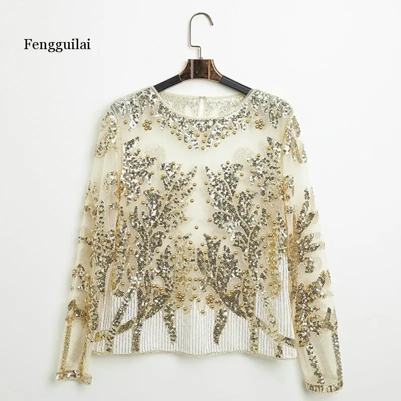 

Сексуальная рубашка Fengguilai с блестками и вышивкой в виде Розы, блестящие прозрачные марлевые блузки с тяжелым бисером