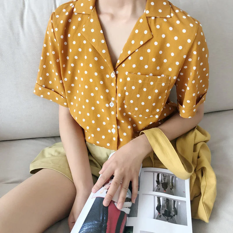 

Blusas Mujer De Moda 2019 Retro Summer Chiffon Dot Print Slim Short Sleeve Lapel Single Buckle Casual Blusas Mujer De Moda 2019
