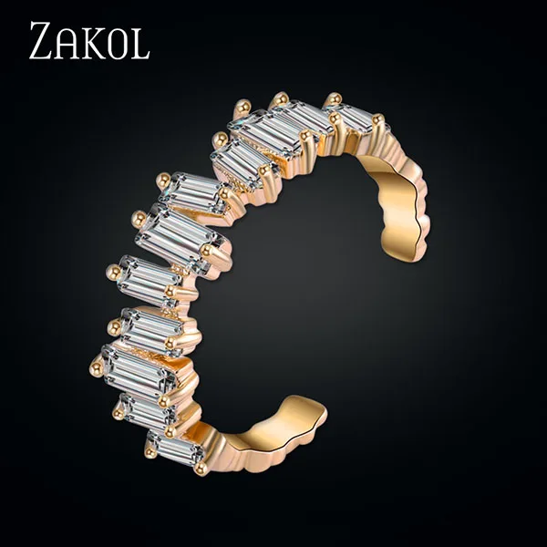 ZAKOL, европейский стиль, регулируемые кольца, талисманы, Женские Ювелирные изделия, уникальный прямоугольник, кубический циркон, кольца на палец для свадьбы, FSRP2003 - Цвет основного камня: Gold Color