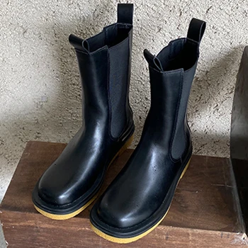 

New Women Boots Mid-Calf Platform Round Toe Ladies Booties Winter Designer Chelsea Female Boots Causal Smoke Tube Woman Shoes