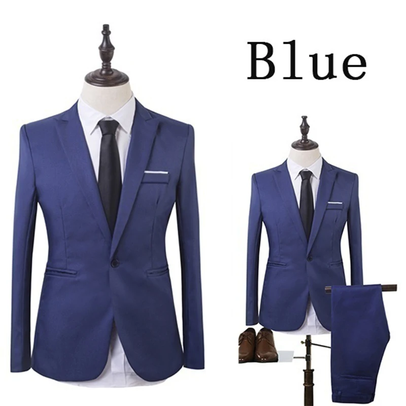 ZOGAA высокое качество мужские модные тонкие костюмы мужские деловые повседневные Костюмы жениха 2 шт свадебный костюм мужская куртка брюки наборы - Цвет: Синий