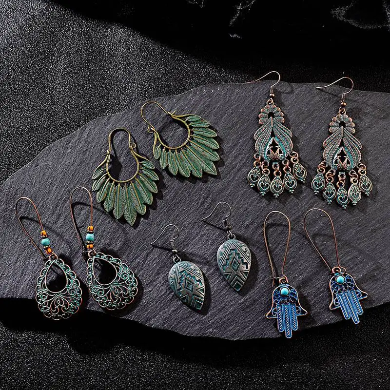 

OIQUEI 5Pairs/Lot Boho Retro Ethnic Women Indian Jhumka Earrings Gypsy Jewelry Leaf Hand Shaped Drop Dangle Earring Wholesale