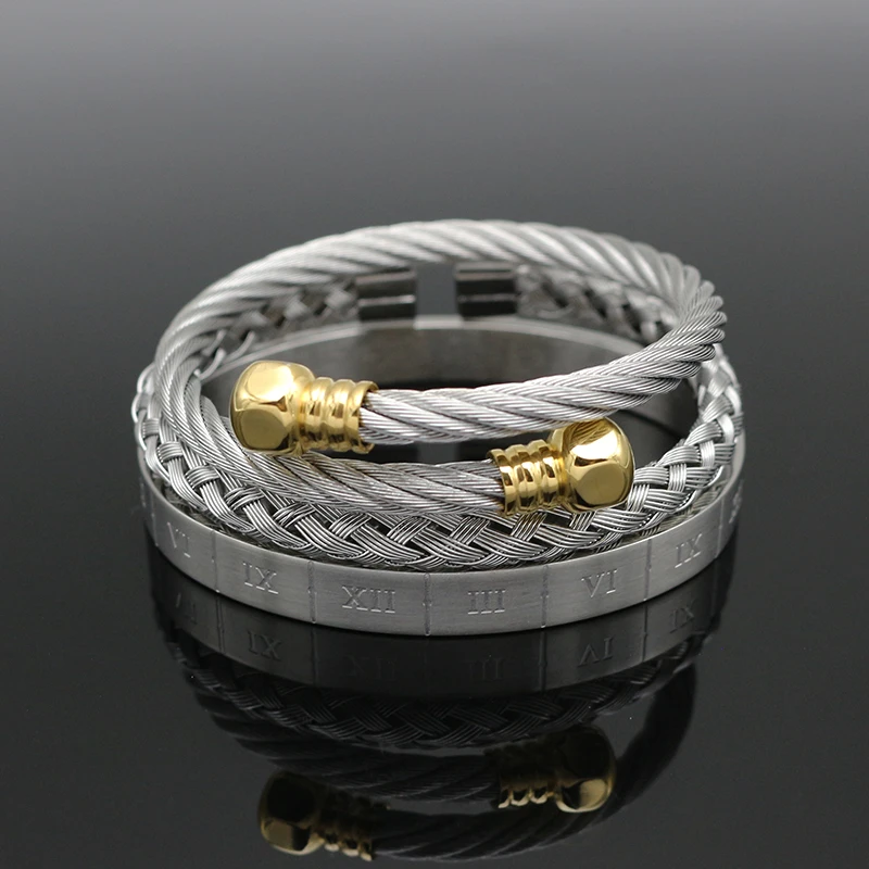 Top Quality 3PCS/Set Luxury Men Hexagon Bracelet Fashion Stainless Steel Roman Bangle Bracelet Men Trendy Jewelry Best Gift