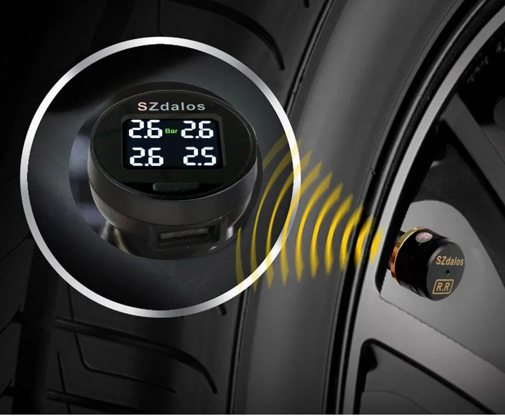 SZDALOS TP200 TPMS Car Wireless Tire Pressure Monitoring System + 4 Mini Sensors Cigarette Tyre Pressure Monitoring
