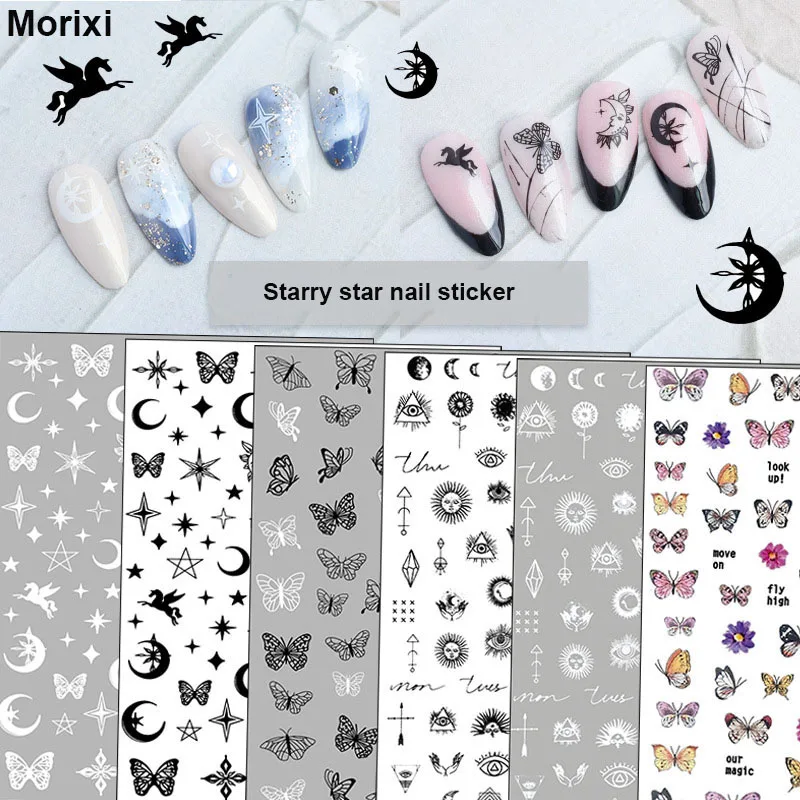 

Starry star nail art sticker for manicure accessories back adhesive black white bow butterfly fly horse slider nail decals YJ009