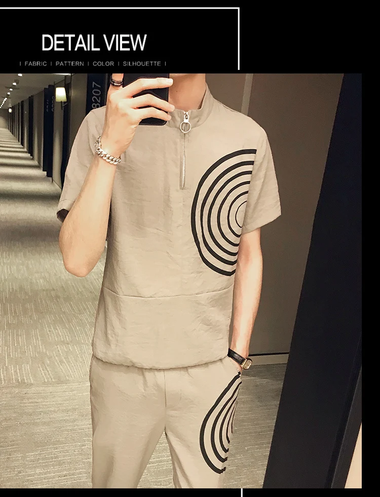 Zomer Chinese Stijl Effen Kleur Erkek Giyim Mode уличная одежда Ropa De Hombre комплект Mannen футболка+ Broek комплект из 2 предметов heren Kleding