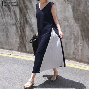 

ZANZEA Pleated Patchwork Beach Sundress Dress Women Sleeveless Long Maxi Vestidos 2020 Summer Kaftan Robe Femme Long Tanks Dress