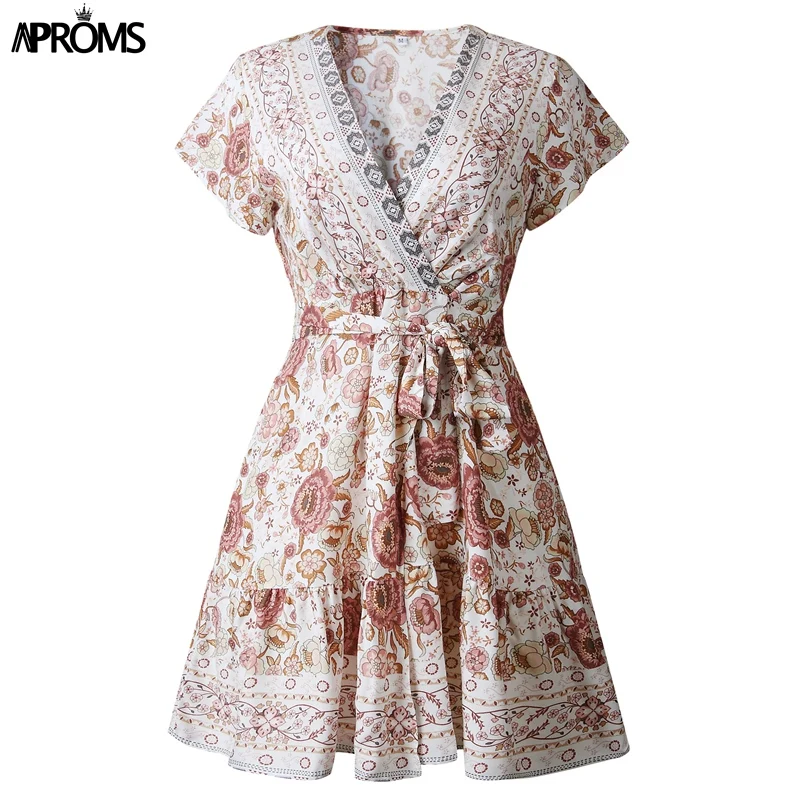 Aproms богемное женское мини-платье с цветочным принтом, элегантное платье с рюшами и v-образным вырезом, женское летнее пляжное платье - Цвет: 101189 White