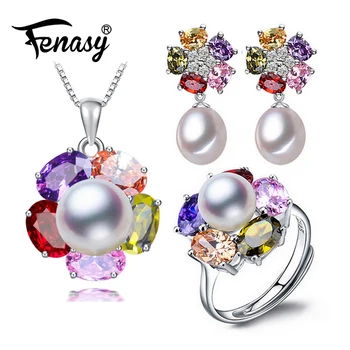 

FENASY 925 Sterling Silver Jewelry Sets Bohemian Ruby Pendant Natural Pearl Drop Earrings For Women Party Rings