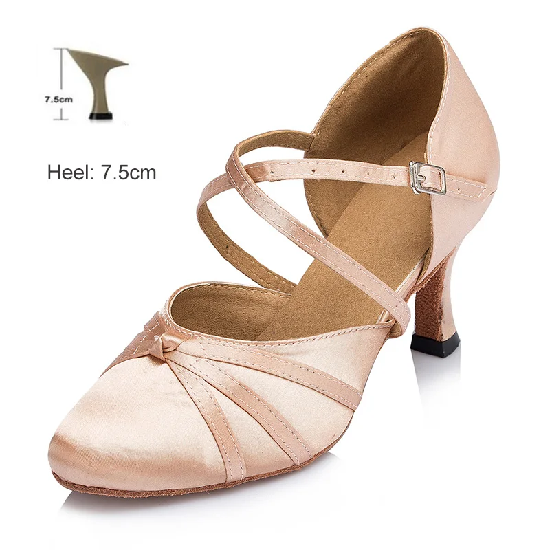 Обувь для бальных танцев для женщин, девушек, дам, Танго/бальных/латинских/современных каблуках, Классические атласные домашние танцевальные туфли, Прямая поставка - Цвет: 7.5cm Skin