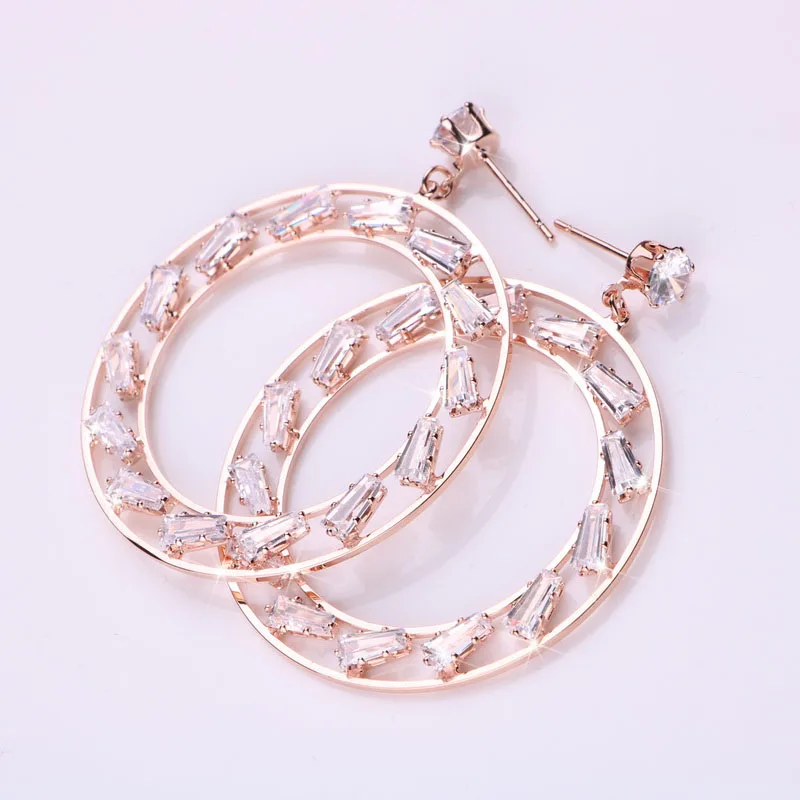 

Hgflyxu High quality Rose Gold Color Big Round 4cm Crystal Zirconia Earrings for Women Copper Trendy earings Birthday gifts