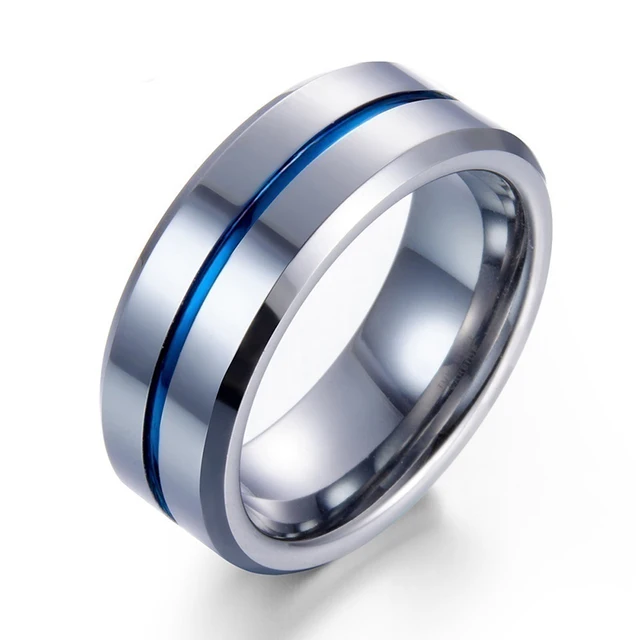 FDLK  Men's fashion 8MM Black Brushed Ladder Edge Stainless Steel Ring Blue Groove Men Wedding Ring Gifts For Men Style 10