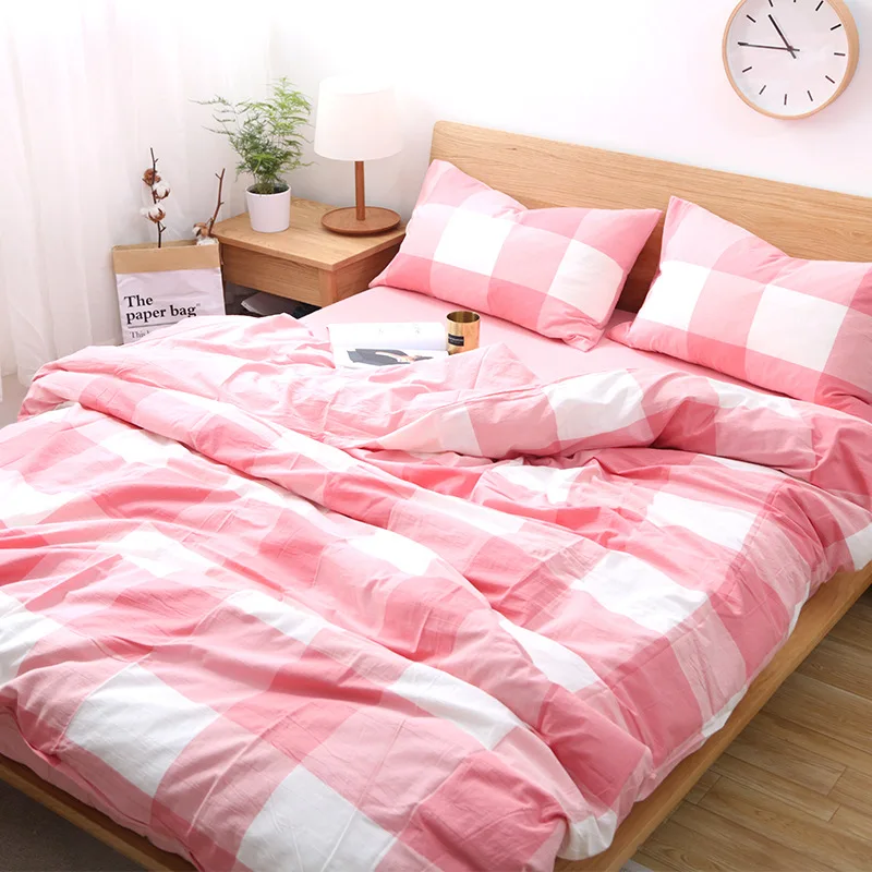 

Washed Cotton Four-Piece Naked Sleeping Soft Cotton Simple Plaid Linen Quilt Cover Bedding Kit Sheet Blanket Quilt Cover Set
