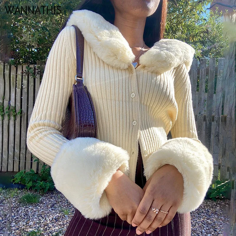 

WannaThis Knitted Cardigans Sweater Women Long Sleeve Hairy Winter Tops Slim Casual Cotton Streetwear Sweater Button Top Soft