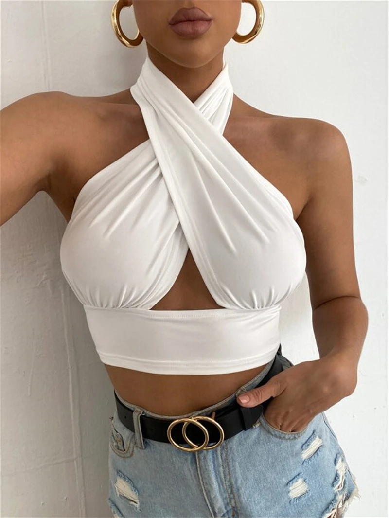 Camisetas sin mangas para mujer, Crop Tops a la moda de sólido con cuello Halter cruzado sin espalda, Crop Tops ajustados para niñas Blanco/Negro/azul/marrón|Camisetas sin mangas| - AliExpress