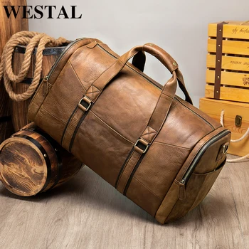 

WESTAL Men Travel Bag Large Leather Duffle Bag Men Vintage Genuine Leather Travel Bags Hand Luggage Man Shoulder Bags Gym 7415