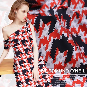 

19 Spring New 108cm wide 98%silk 2%Spandex Stain Charmeuse Fabric Houndstooth Digital Print Cloth DIY Sewing Free Shipping SALE
