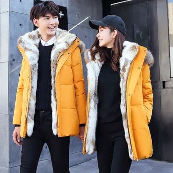 

Winter New Couples Down Jacket Fashion Big Fur Collar Men And Women Mid Long Plus Velvet Down Outerwear Large Size Coat JIA469