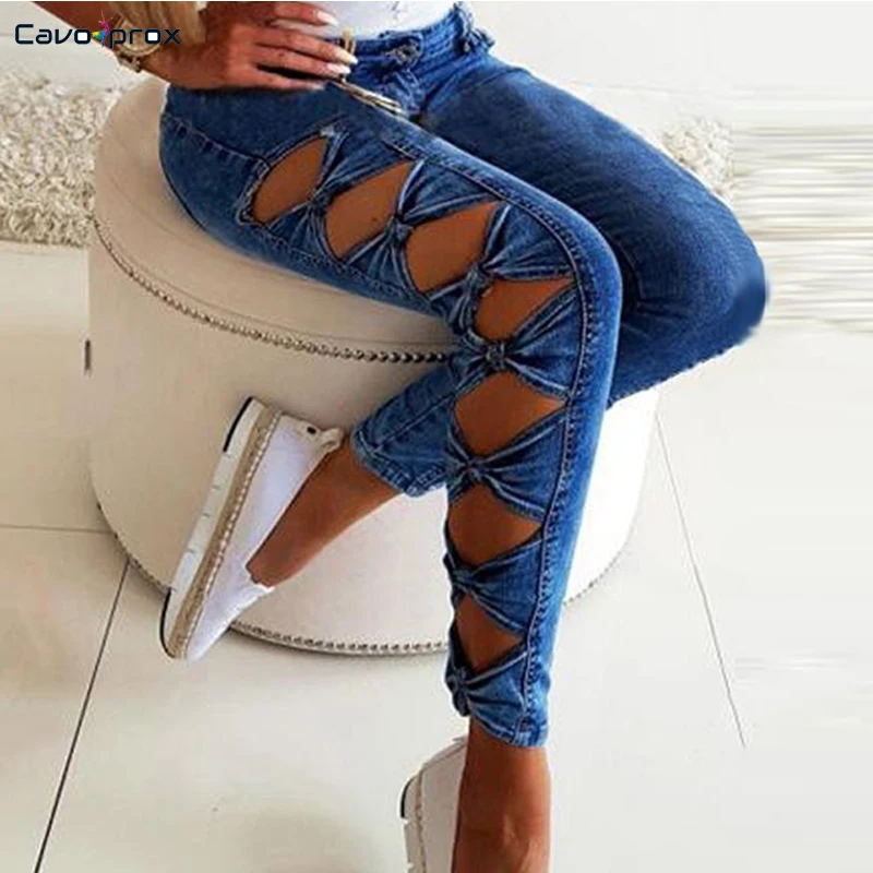 Женские обтягивающие джинсы с бантом и вырезами сбоку, высокая талия, облегающие эластичные модные новые тренды, узкие брюки - Цвет: Синий