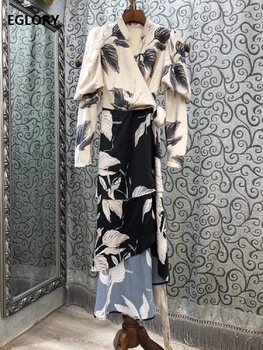 

New 2020 Autumn Fashion Style Long Dress Women V-Neck Exquisite Prints Bow Deco Long Sleeve Ankle Length Sexy Asymmetrical Dress