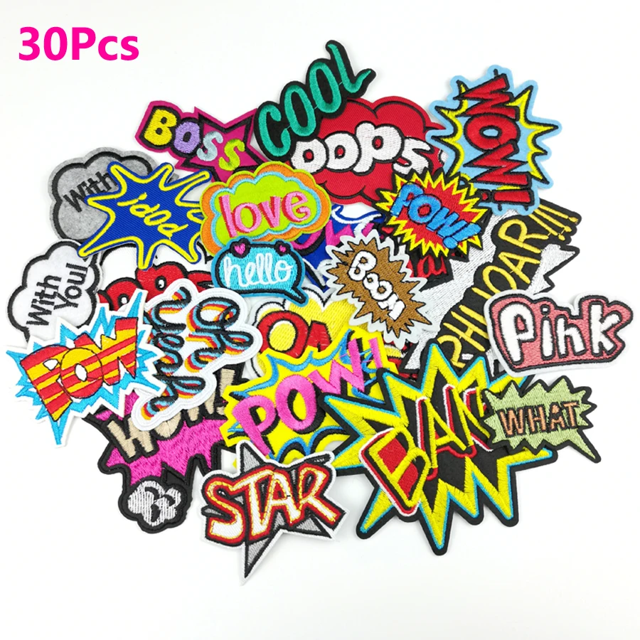 

30Pcs/Lot Pow Wow Cool Love Star Letter Patches Iron on for Clothing DIY Patchwork Embroidered Applique for Jacket Jean Sticker