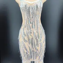 Sexy Rhinestones Tassels See Through Dress Prom Party Mesh Costume Women Evening Dance Dress Birthday Celebrate Dress