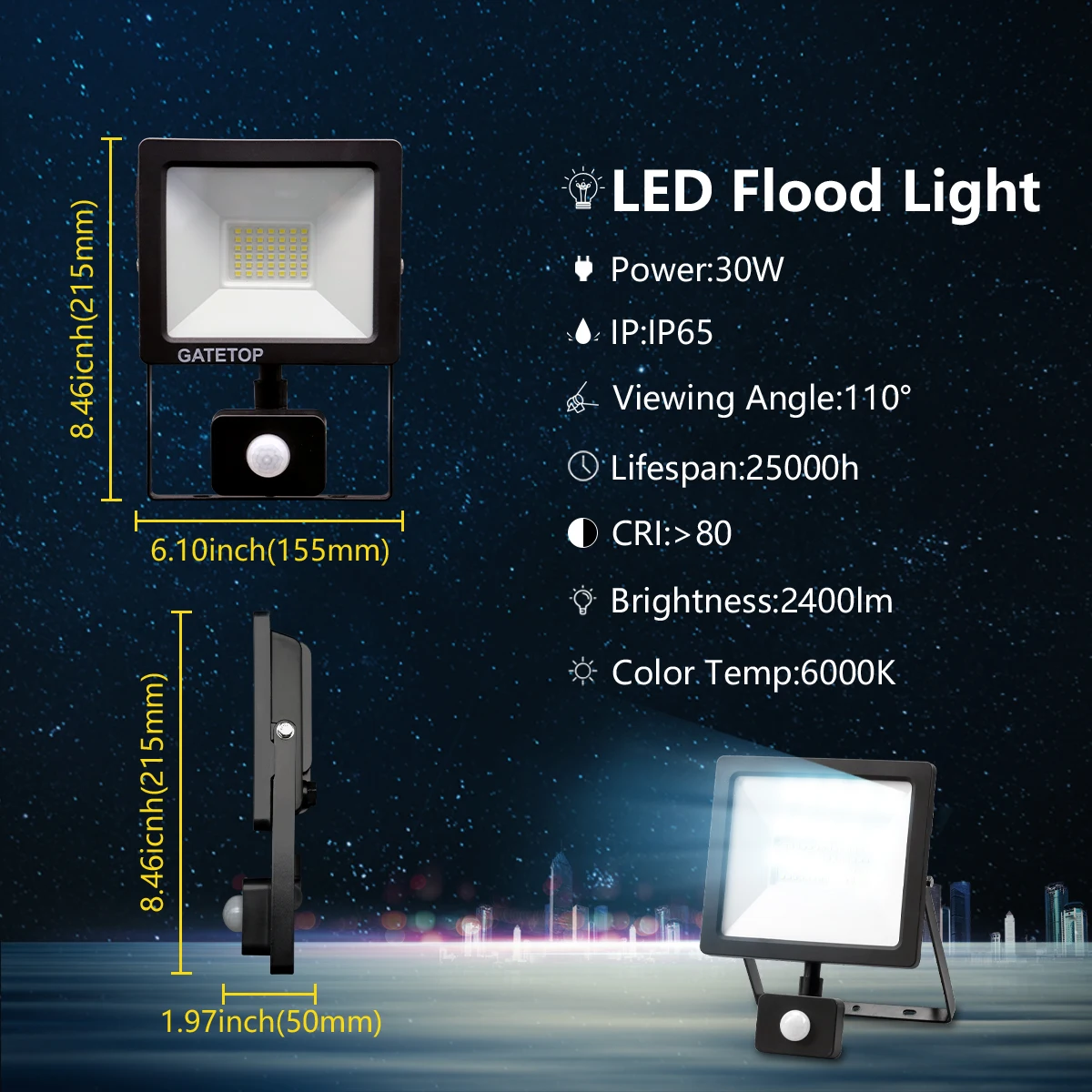 Led Floodlight Induction Style 30w Motion Sensor Ip44 AC220V-240V Cold White Light 6000k Human Body Water Proof Lamp