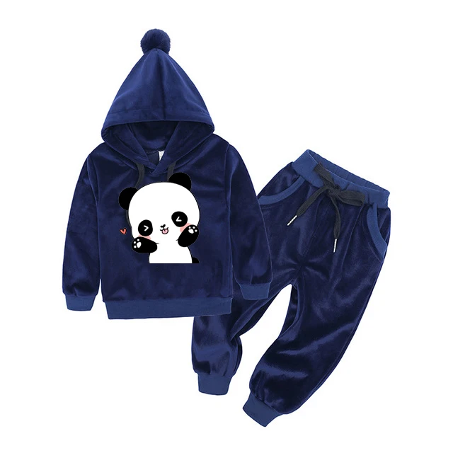 

Boys Girl Tracksuit Toddler Kids Baby Hood Hoodie Sweat Coat Sport Pants Trousers Children Fur Ball Sets Velvet Velour Panda