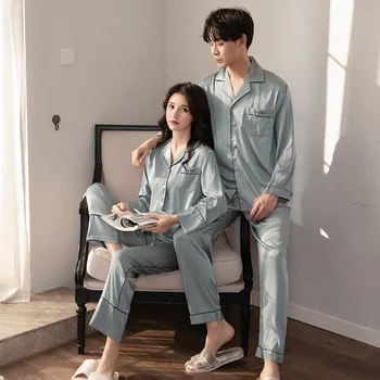 

New Couple Sleepwear Silk Satin Pajamas Set Long and Short Button-Down Pyjamas Suit Pijama Women Men Loungewear Plus Size Pj Set