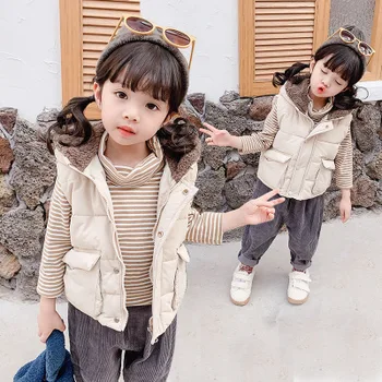 

New winter clothing 3-7 years old cotton vest children's clothing children girls baby hooded solid color comfortable warm vest