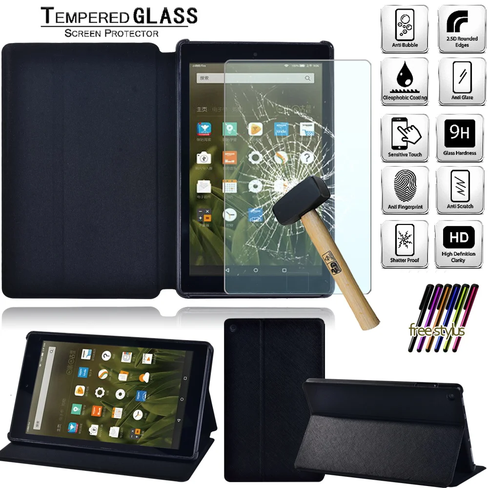 Custodia In Pelle Per Fire Hd 8 (6Th/7Th/8Th Gen)/Fire (Hd 8 2020/Hd 8 Plus 2020) -Custodia Per Tablet + Tablet In Vetro Temperato