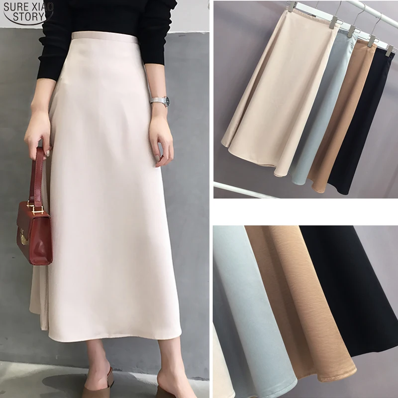 2020 New Spring Summer Solid Silk Skirts Womens A-line Satin Midi Skirt Vintage High Waist Black Zipper Skirts Jupe Falda 9645 2020 New Spring Summer Solid Silk Skirts Womens A-line Satin Midi Skirt Vintage High Waist Black Zipper Skirts Jupe Falda 9645