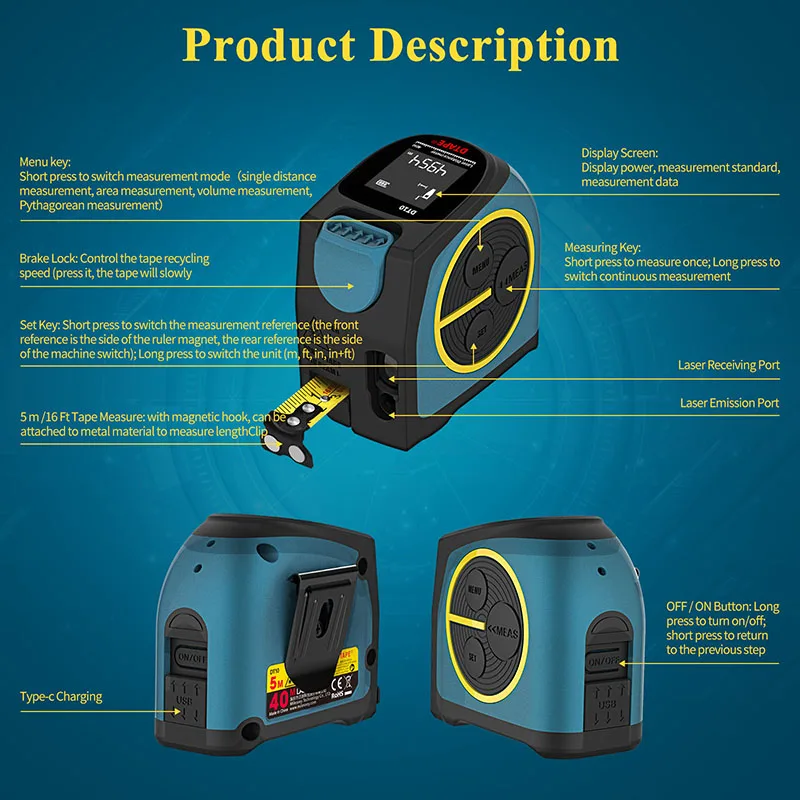 Dtape Dt10 Laser Distance Meter Range Finder 40m Laser Tape Measure