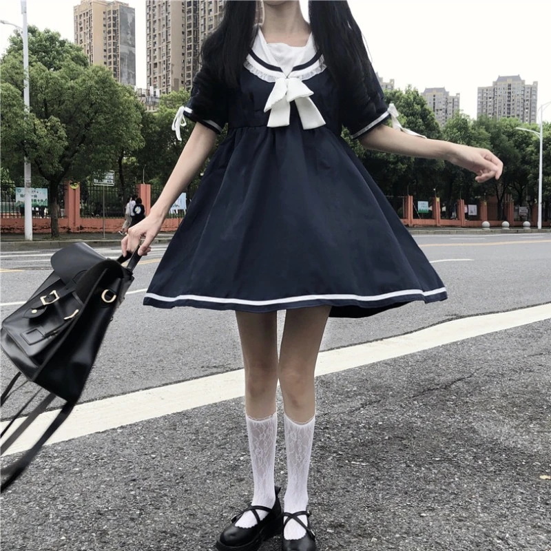 セーラーカラーの和風ドレス ハイウエストスリミングボウ 女性用半袖バブルドレス 女子高生制服 学生服 Aliexpress