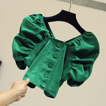 

Short Sleeve Female Shirts 2019 New Summer All-match Slim Elegant V Neck Puff Sleeve Top Solid Color Students Chiffon Blouses