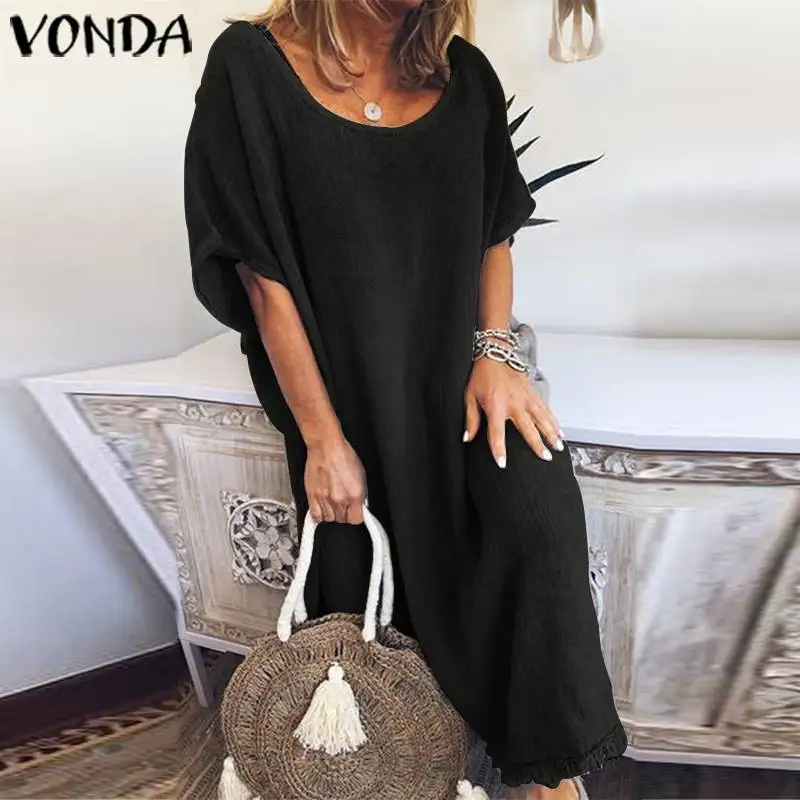 VONDA женское Макси длинное платье короткий рукав сексуальный богемные платья Повседневная Свободная Женская одежда для вечеринки пляж Vestidos плюс размер 5XL