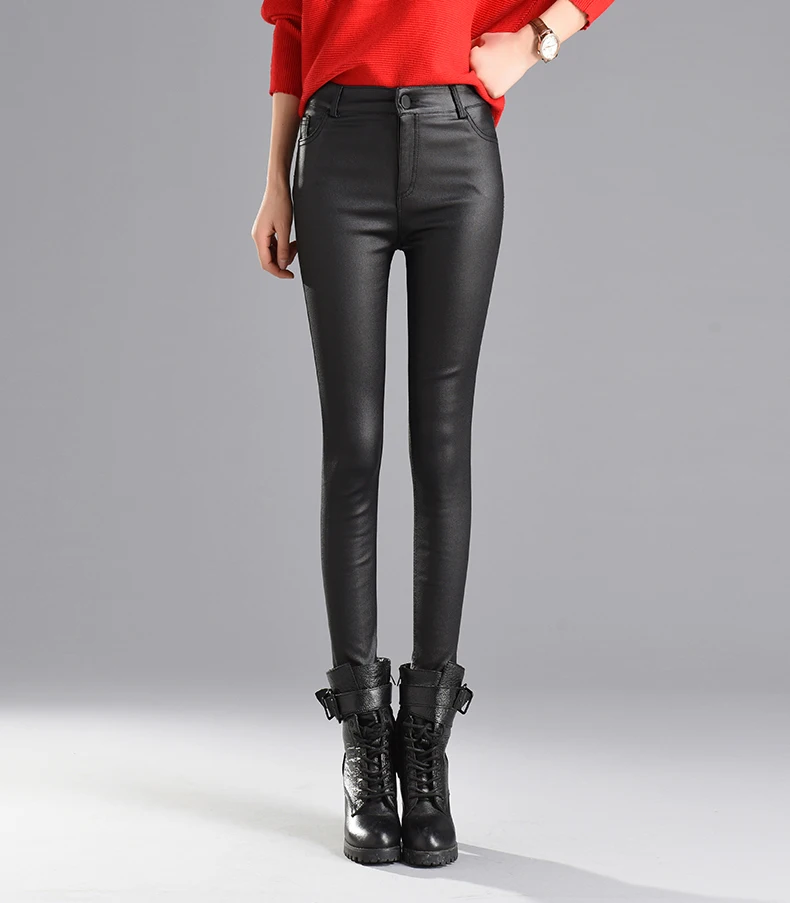 Women Thin Velvet PU Leather Pants 2019 Autumn Winter Female Sexy Pantalon Leggings Elastic Stretch Skinny Tight Faux Leather Pencil Pants Trouser Lady Trousers Black Color S XXXL High Quality Warm Ladies Streetwear (8)