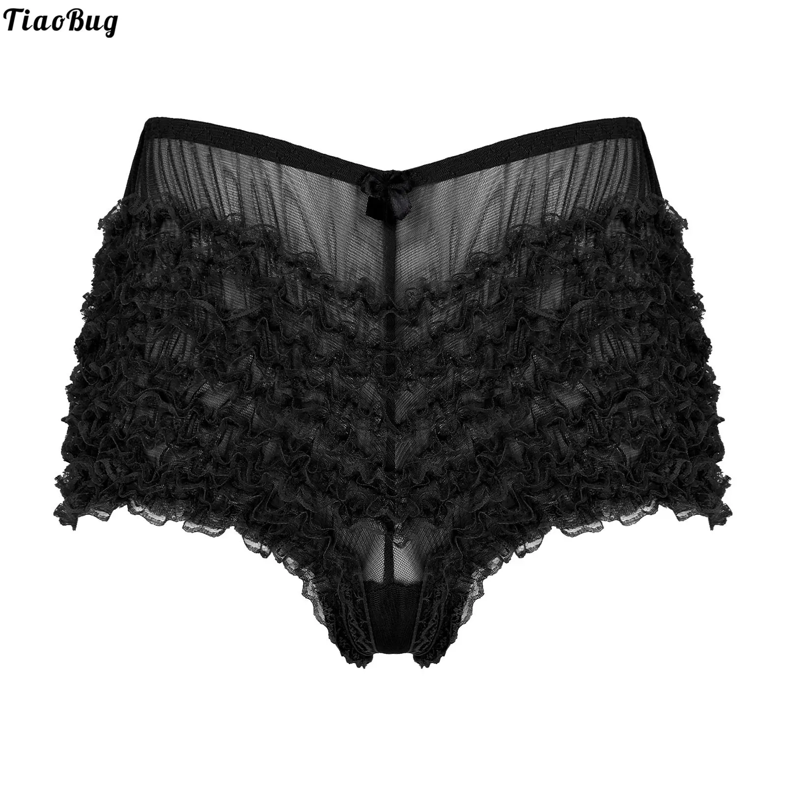 

TiaoBug Sissy Gay Men Adult Sexy Lace Ruffle Dance Shorts Elastic Waist Translucent Boxer Underwear Panties For Dance Practice