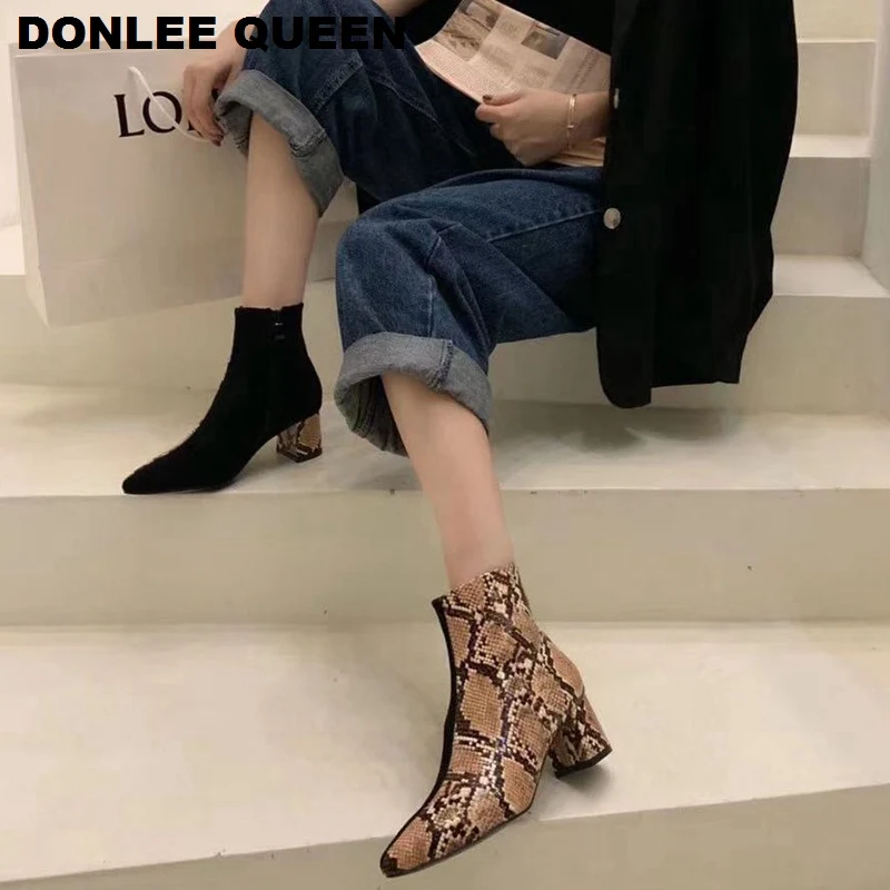 

Snake Print Thick Heels Ankle Boots Women Zipper Pointed Toe Footwear Female Short Boots For Women Fashion Shoes Botas Mujer New