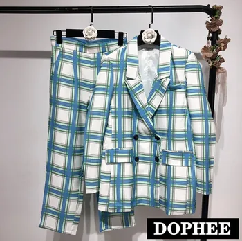 

New Spring Fall Women Retro Long Sleeve Blue Plaid Suit Blazer Coat Casual Jacket + Suit Pants Two-piece Lady Work Wear Pant Set