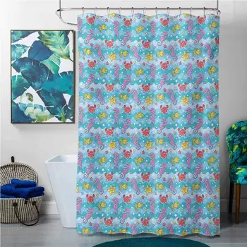 

Shower Curtains Extra Wide Baby,Marine Inspired Cartoon Sea Creatures Starfish Seahorse with Wavy Ocean and Stars,Multicolor,W48