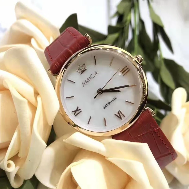 AMICA простые сапфировое стекло зеркальные женские часы модный кожаный ремешок