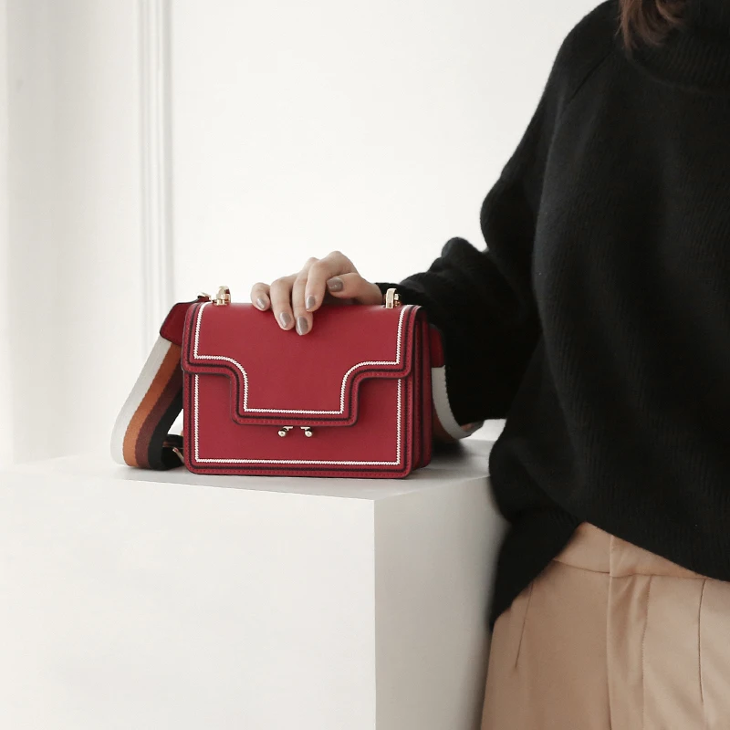 Korean Style Women Flap Bag Handmade Colorful Sewing Thread Cowhide