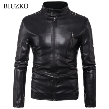 

Fashion Stand Men Faux Leather Jacket Slim Rivet Bomber PU Jackets And Coats Solid Autumn Streetwear
