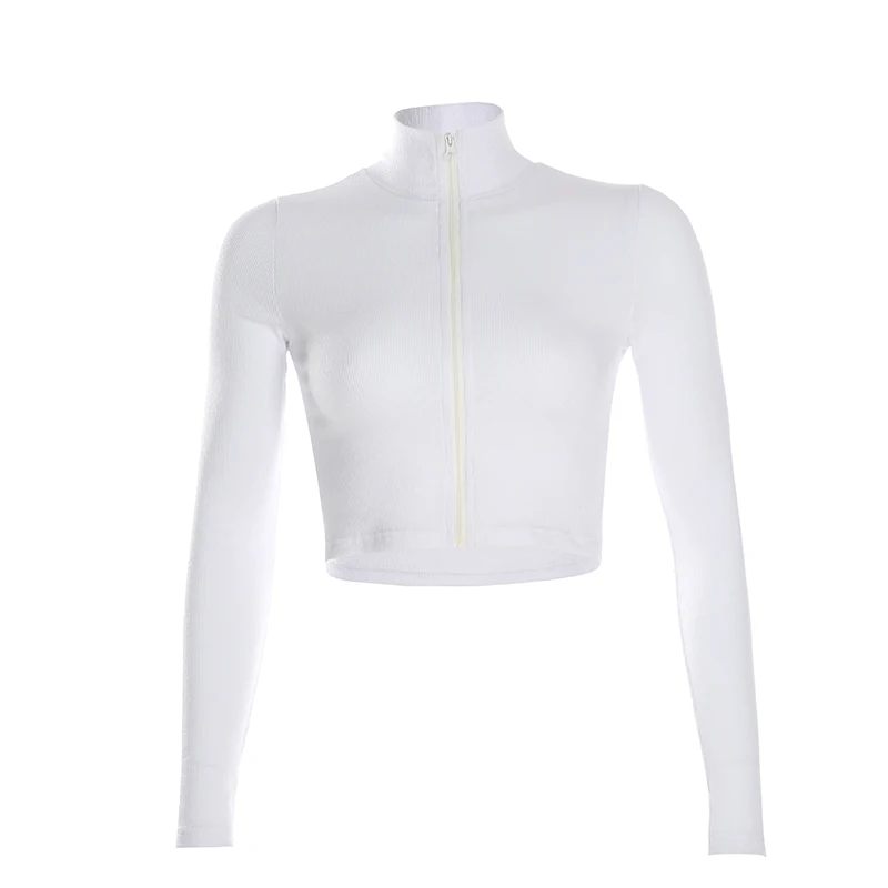 Rockmore Bodycon White Knitted Ribbed Zipper Women T-Shirt Streetwear Cotton Long Sleeve Femme T Shirts Crop Tops Tees Autumn