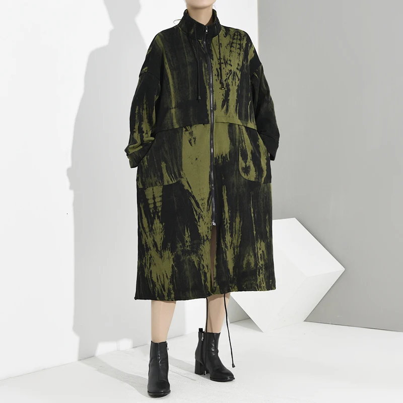 low cost  [EAM] Loose Fit Green Pattern Big Size Long Jacket New Stand Collar Long Sleeve Women Coat Fashion 